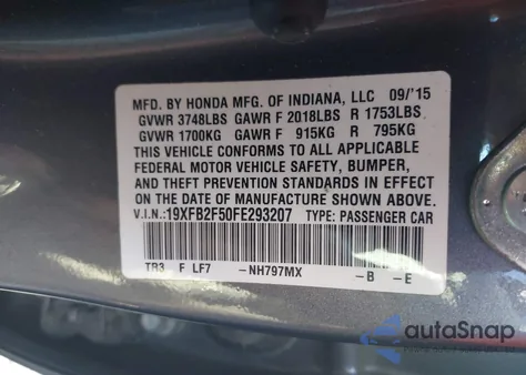 2015 Honda Civic Lx из США, поврежденный, VIN 19XFB2F50FE293207